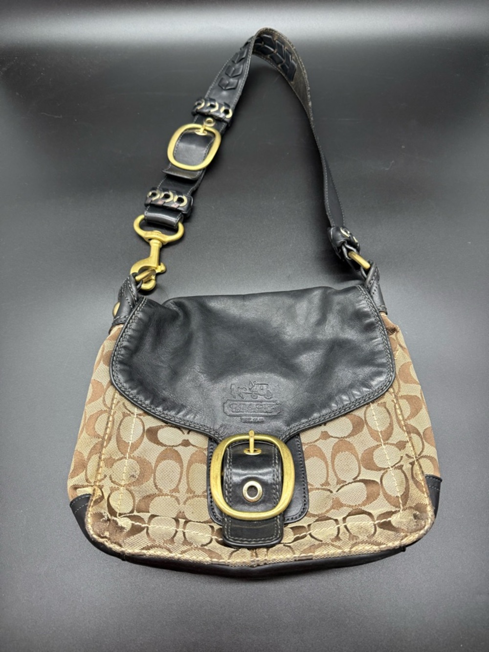 COACH BLEEKER SIGNATURE CANVAS LEATHER FLAP SHOULDER BAG Vintage Y2K 1994